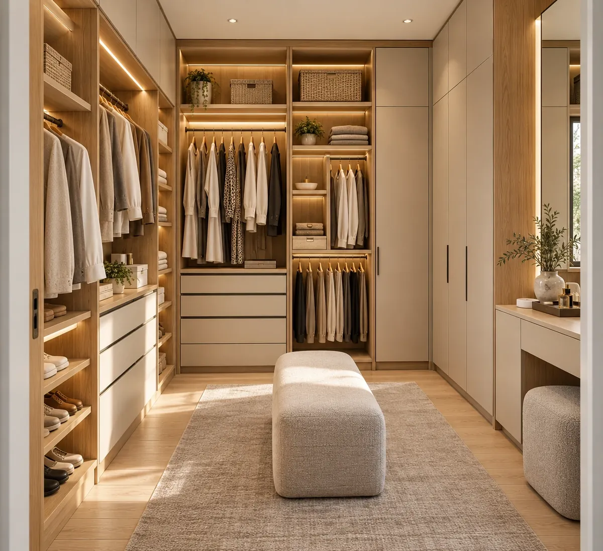 Cream and wood dressing room with a seat and a dressing table (design idea)