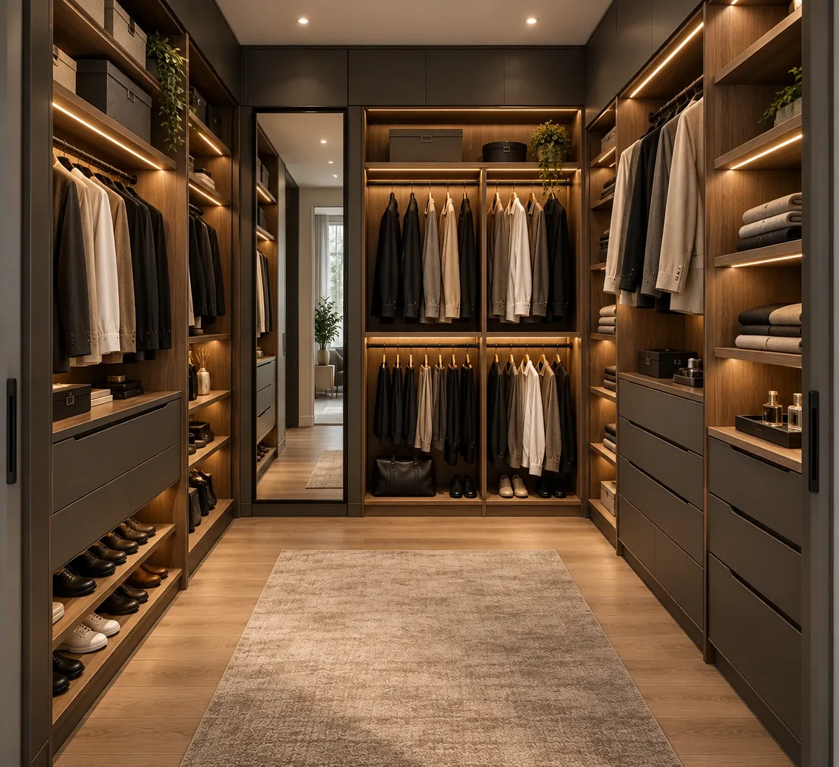 Dark grey and wood dressing room with LED lighting (design idea)