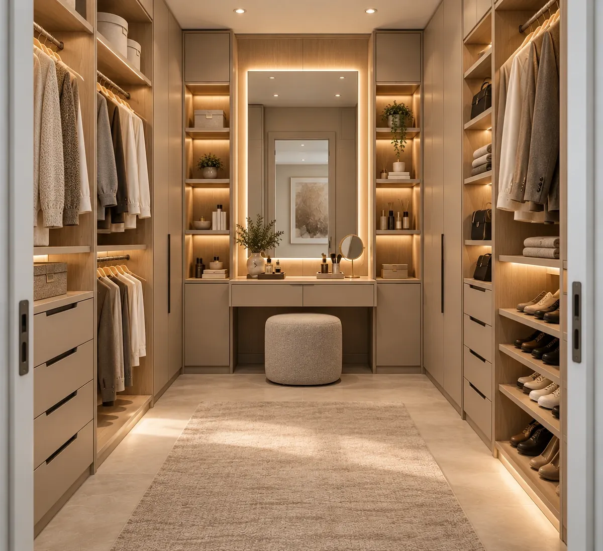 Dressing room with a dressing table and a lit mirror (design idea)