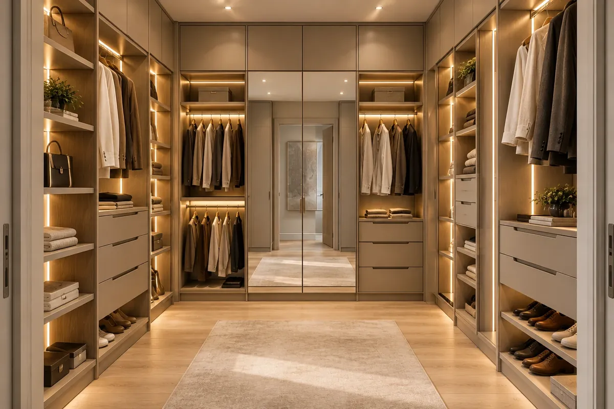Beige walk-in dressing room with lit shelves and a mirror at the end (design idea)