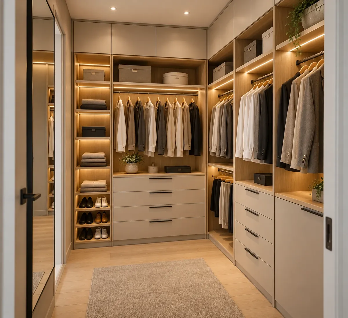 Wood and beige dressing room with drawers and shoe shelves (design idea)