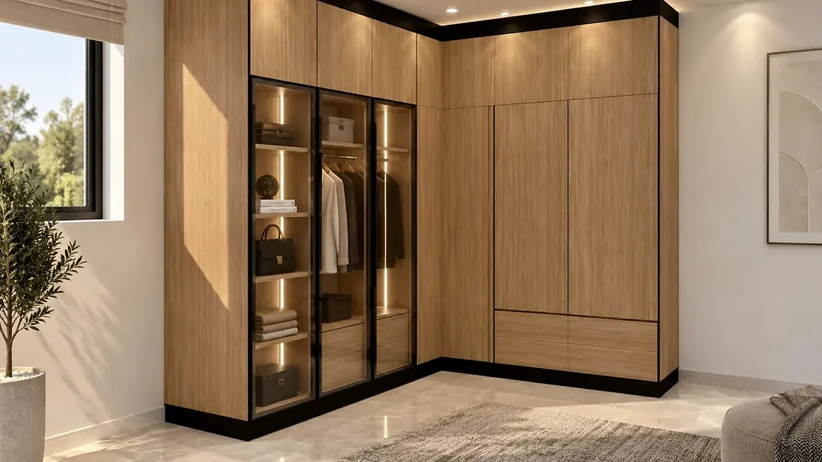 3D design of a corner dressing wardrobe with glass doors by Woodify