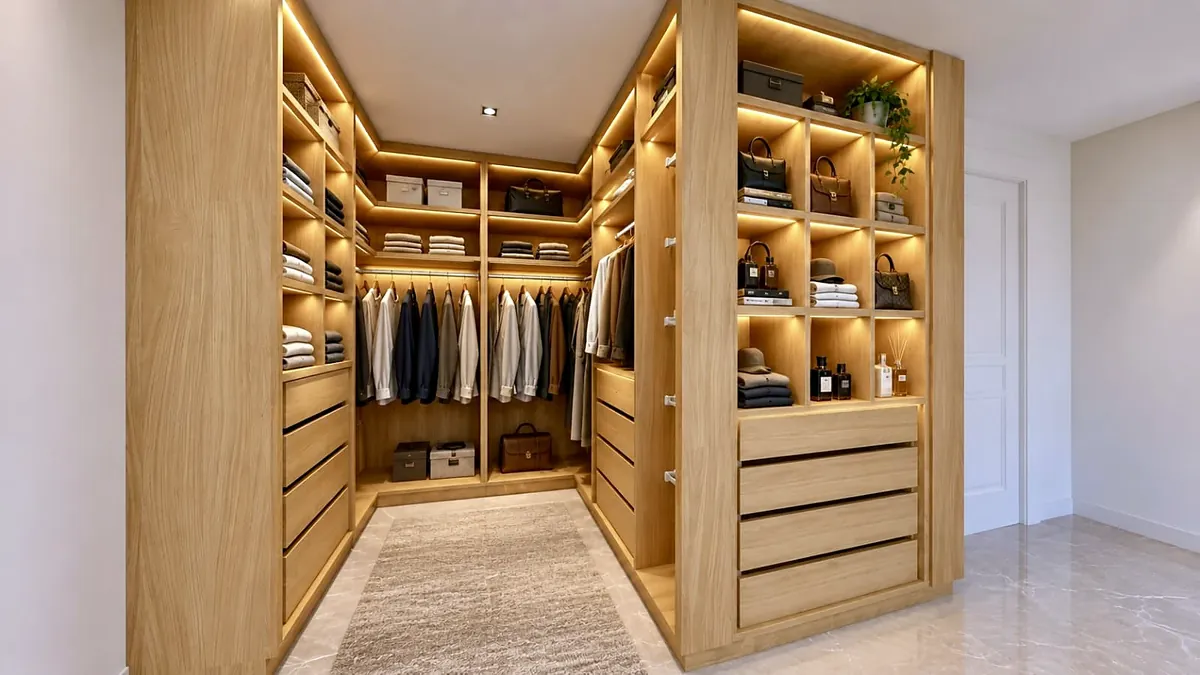 3D design of an open dressing room in a wood finish with drawers and lighting by Woodify