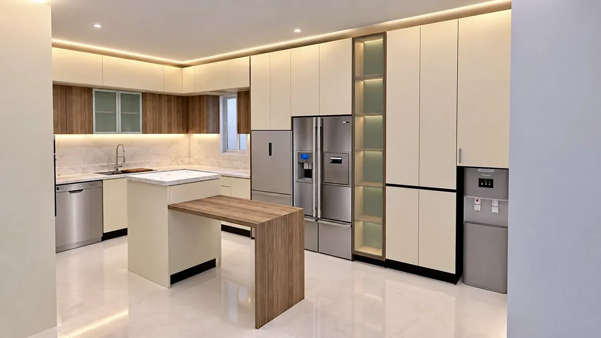 تصميم 3D لمطبخ مودرن بلون كريمي مع جزيرة من ووديفاي