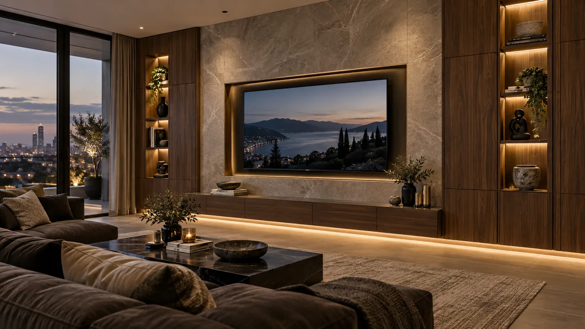 Stone Panel Full Wall TV Unit